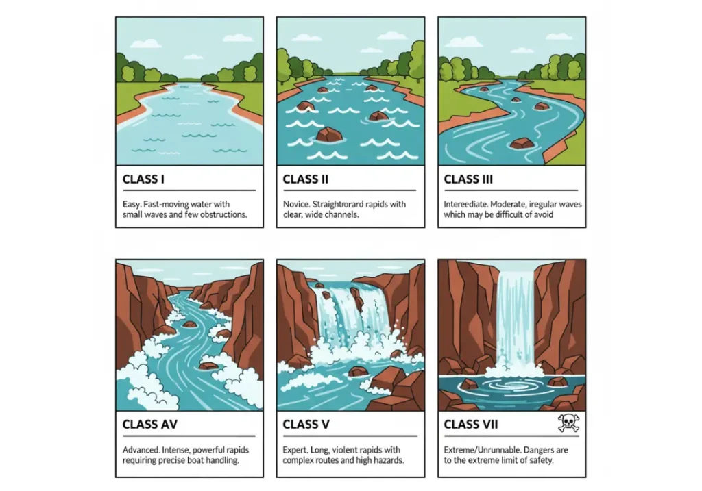 An infographic explaining the International Scale of River Difficulty in six panels. Each panel from Class I to Class VI shows a river with increasing difficulty, from calm water to an unrunnable waterfall, and includes a short description of the skill level required.