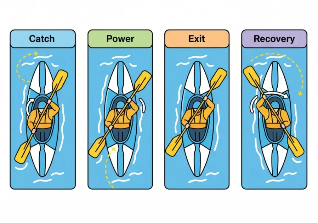 An infographic diagram showing the four phases of a whitewater kayak paddle stroke: Catch, Power, Exit, and Recovery. The illustration shows a kayaker from above, demonstrating proper torso rotation and paddle path for each phase.
