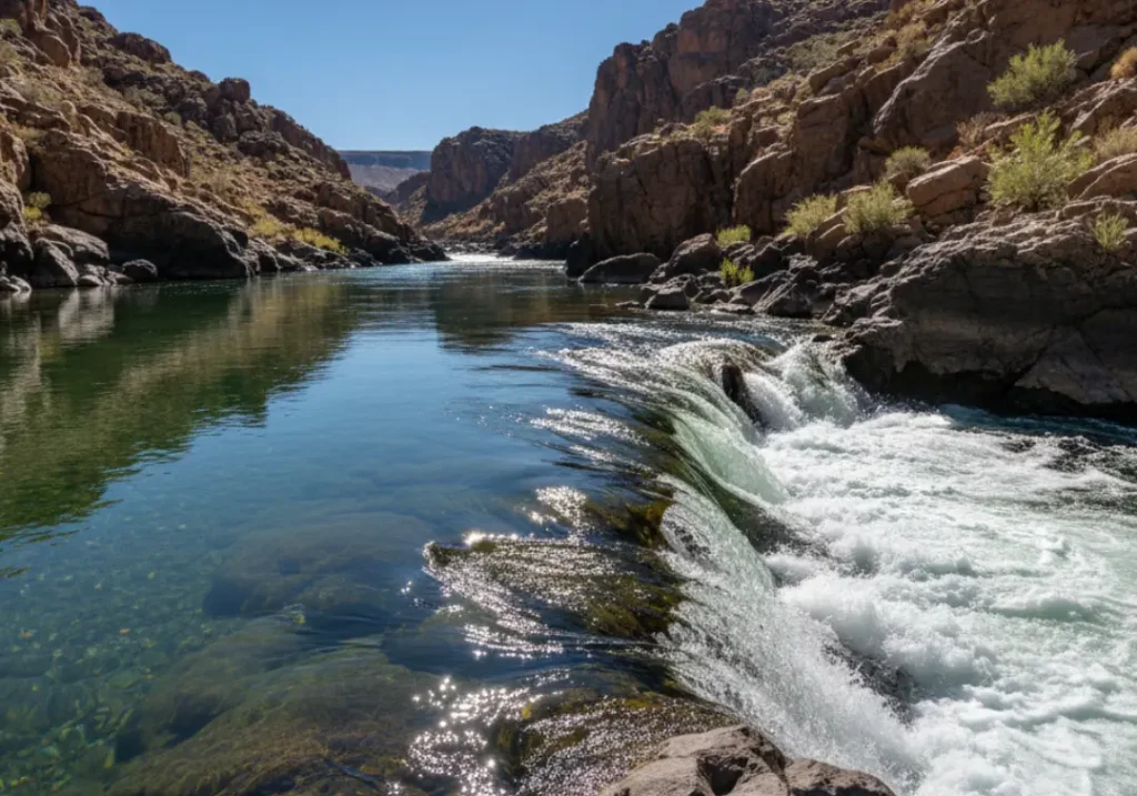 A river scene showing the clear transition from calm, glassy, laminar water on the left to chaotic, churning, turbulent whitewater rapids on the right.