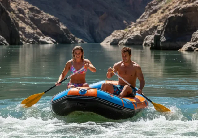 laminar-vs-turbulent-flow A fit couple in their late 20s rafting on a sunny river, moving from a calm, glassy section of water towards turbulent whitewater rapids ahead.
