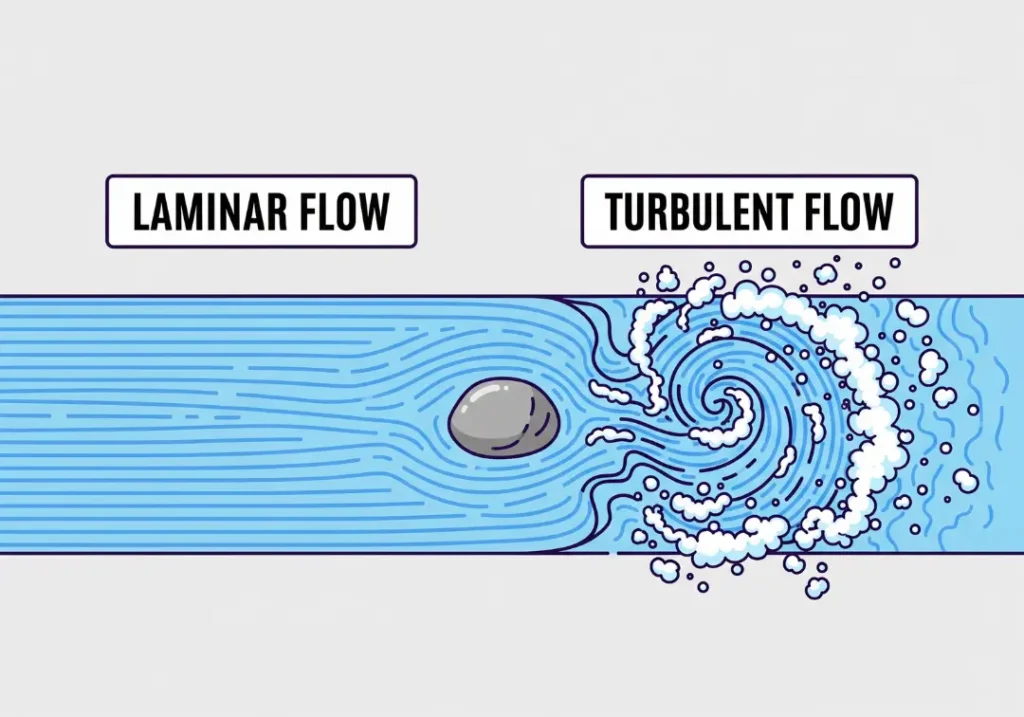 A diagram illustrating the difference between laminar and turbulent flow in a river. On the left, smooth parallel lines labeled 'Laminar Flow' move towards a rock. On the right, after hitting the rock, the water becomes chaotic swirling lines labeled 'Turbulent Flow'.