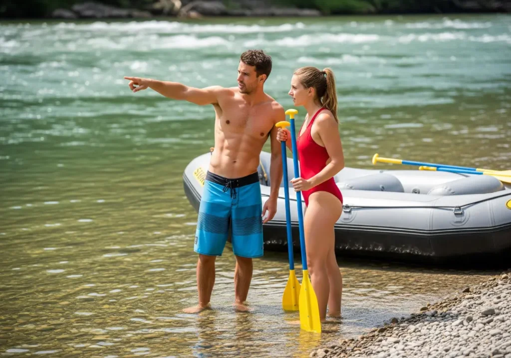 A man in boardshorts points out a river feature to a woman in a one-piece swimsuit as they stand in shallow water, learning rafting basics.