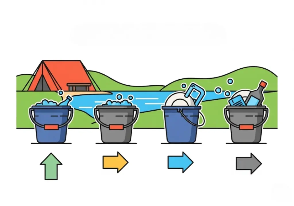 A 4-step infographic illustrating the Leave No Trace dishwashing method. It shows four buckets in sequence: Pre-Rinse with a strainer, Hot Wash, Cold Rinse, and Sanitizing Rinse, with a note to keep the station 200 feet from water sources.
