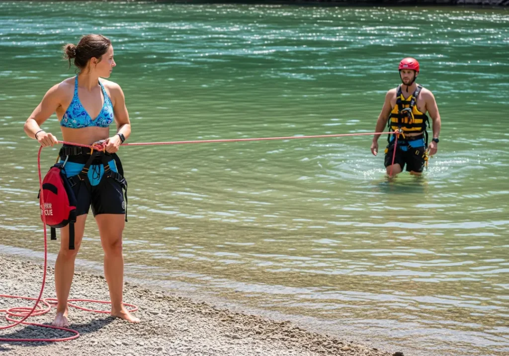 A full-body shot of a rescue team executing a live bait rescue, with a male rescuer in the water and a female belayer on the shore.