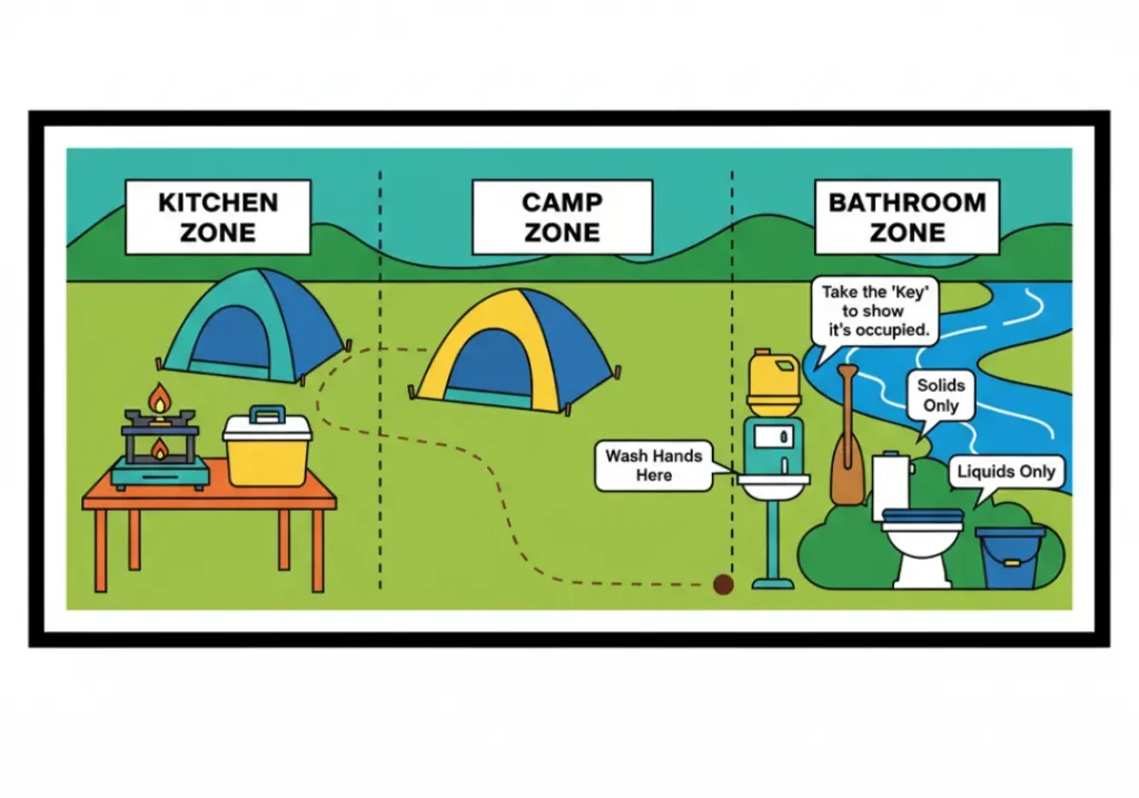 An infographic illustrating a Leave No Trace compliant river campsite layout. It shows three distinct zones: a kitchen zone with a stove, a camp zone with tents, and a secluded bathroom zone with a hand-wash station, an occupancy 'key,' a portable toilet for solids, and a bucket for liquids.