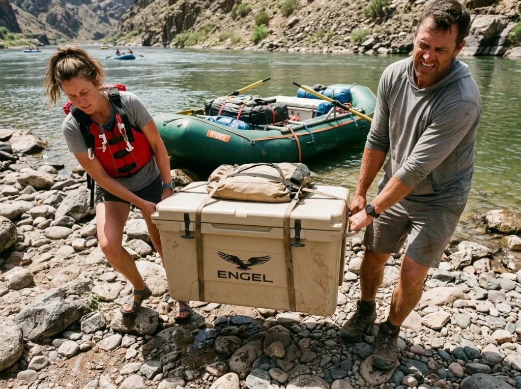 Two rafters carrying a large loaded expedition cooler to the raft at a rocky put-in
