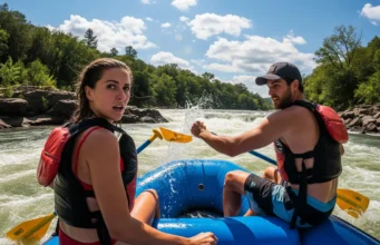 The Lost Paddle Matrix: A Rafting Safety Guide A full-body shot of a young, fit couple on a raft in whitewater, reacting the moment after the woman has lost her paddle in the river.