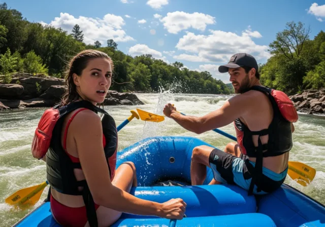 lost-paddle-rafting-guide-cover A full-body shot of a young, fit couple on a raft in whitewater, reacting the moment after the woman has lost her paddle in the river.