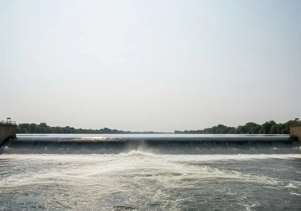 A low-head dam spans a river, showing the deceptively calm approach and the dangerous hydraulic at its base.
