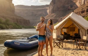 The Luxury Rafting Index: Ranking Trips & Outfitters A full-body shot of a fit couple in their late 20s toasting with drinks on a river beach, with a luxury raft and safari-style camp behind them.