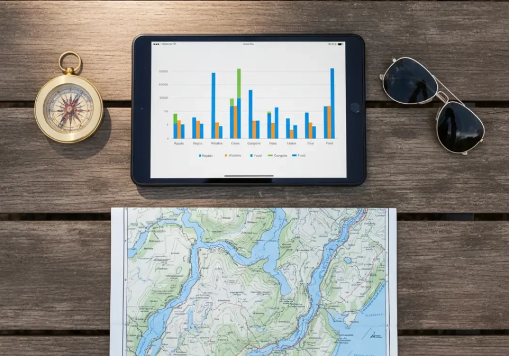 A flat-lay of a tablet showing a data chart, surrounded by a map, compass, and sunglasses on a wooden camp table.