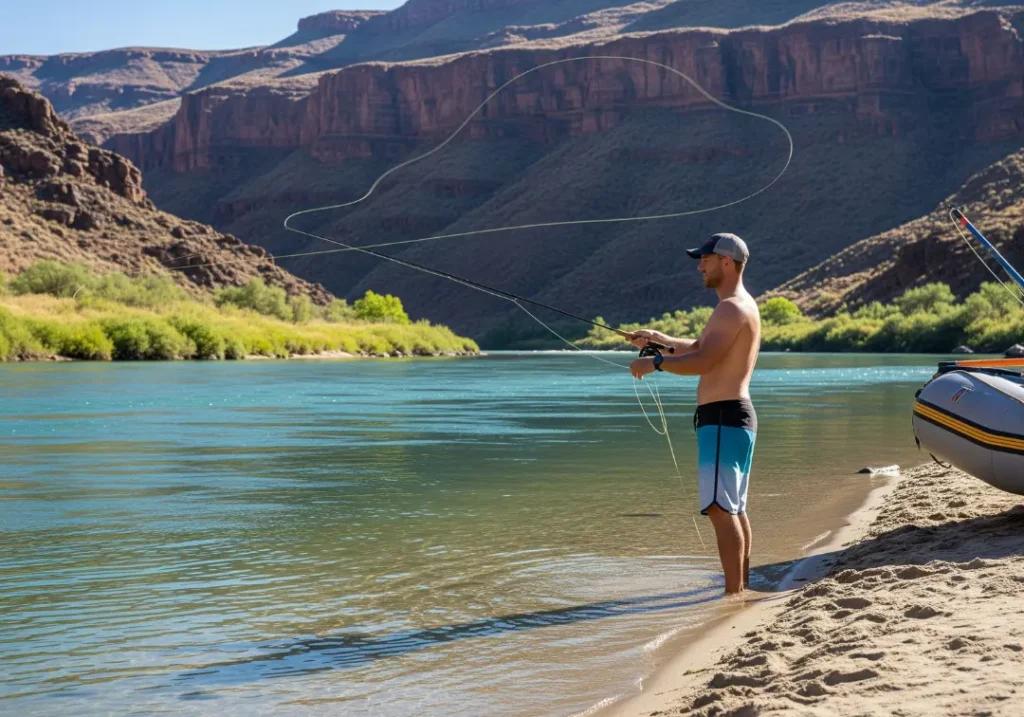 A fit man in boardshorts fly-fishes in the clear, shallow water of the Main Salmon River during the early morning.