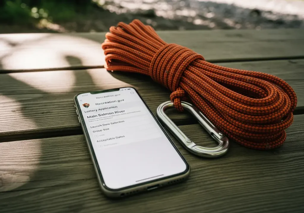 A smartphone on a campsite table displays the Recreation.gov permit lottery page for the Main Salmon River, with rafting gear nearby.