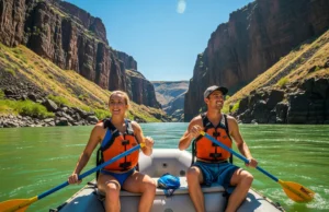 Ultimate Main Salmon Rafting Guide (Flow & Difficulty Focus) A fit young couple in swimwear and life jackets happily paddle their raft down the scenic Main Salmon River canyon on a sunny day.