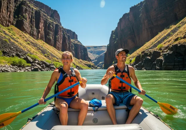 main-salmon-rafting-guide-couple A fit young couple in swimwear and life jackets happily paddle their raft down the scenic Main Salmon River canyon on a sunny day.