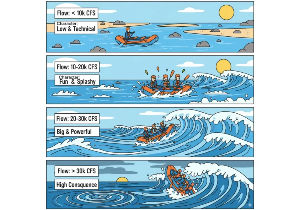 An infographic explaining the difficulty of the Main Salmon River at different water flows, showing how the river character changes from low and technical below 10,000 CFS to high consequence and expert-only above 30,000 CFS.
