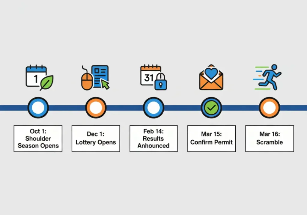 A horizontal timeline infographic illustrating the key dates for the Main Salmon River permit lottery. The steps shown are Oct 1, Dec 1, Jan 31, Feb 14, Mar 15, and Mar 16, each with a corresponding icon and text label.