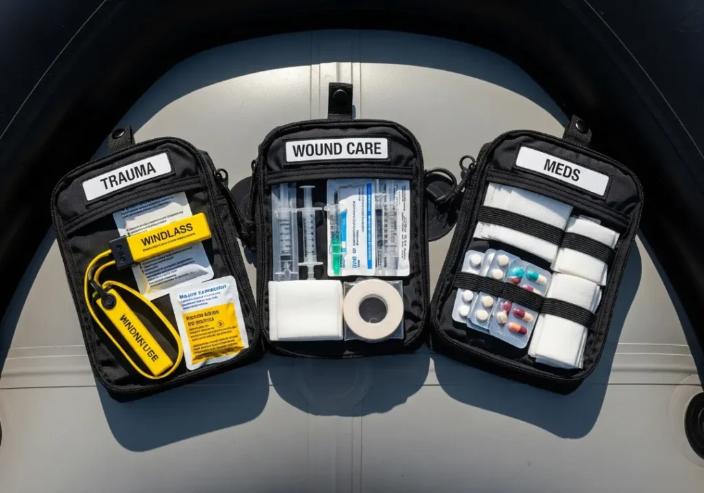 The essential components of a major expedition first aid kit are organized by function in labeled pouches on a raft.