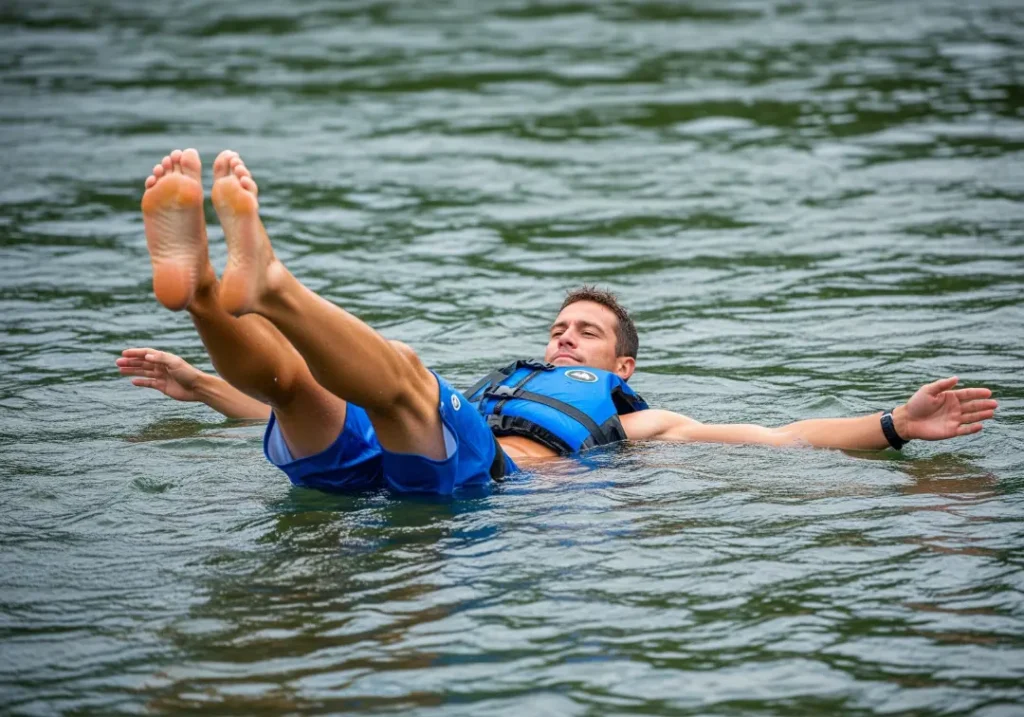 A full-body photograph of a man in boardshorts and a life jacket performing the feet-up defensive swim position in a river.