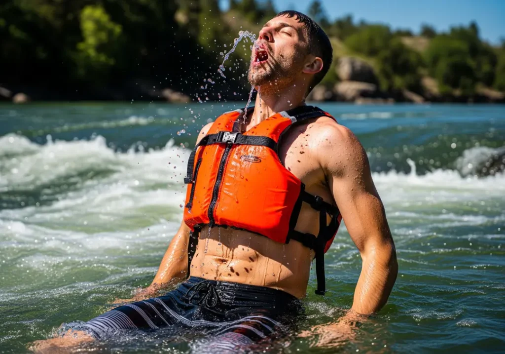 A full-body shot of a fit man in his 30s in a river, his head thrown back in an involuntary gasp, illustrating the cold shock response.