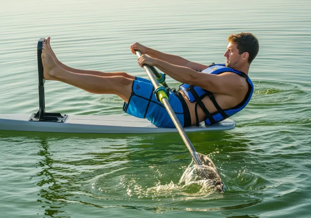 A full-body shot of a muscular young man in boardshorts performing a powerful back-row stroke on a raft.