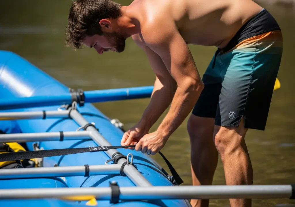 Full-body shot of a man professionally tightening a cam strap to secure an oar frame to a raft using counter-tension.