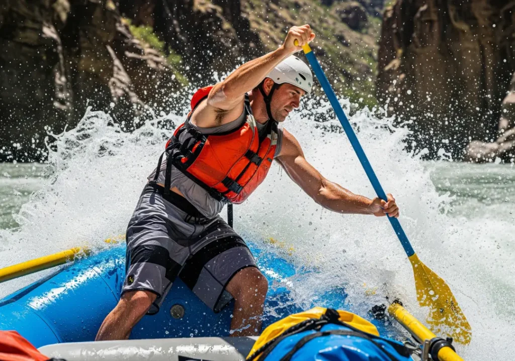 A full-body shot of a man wearing a helmet and PFD expertly guiding a raft through a challenging whitewater rapid, demonstrating risk management on the river.