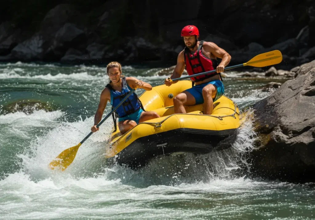 An attractive couple in their late 20s executing a dynamic eddy turn in a whitewater raft, leaning hard as they cross the turbulent eddy line.