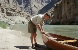 The Anatomy of a Martin Litton Dory: A Deep Dive A vintage-style photo of a man working on his wooden dory on a riverbank inside the Grand Canyon.