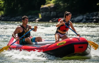 Master Raft Ferrying: Pro Techniques & Angle Matrix An attractive couple in their late 20s works together to ferry a whitewater raft across a sunny, powerful river.