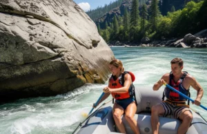 Mastering the Eddy Catch: A Guide for Rafters (Class I-V) A man and woman in a whitewater raft successfully maneuvering into a calm eddy behind a large rock on a sunny day.