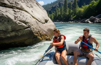 Mastering the Eddy Catch: A Guide for Rafters (Class I-V) A man and woman in a whitewater raft successfully maneuvering into a calm eddy behind a large rock on a sunny day.