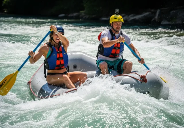 mastering-rafting-safety-guide A fit couple in their late 20s, wearing PFDs and helmets over swimwear, confidently paddling a whitewater raft through a sunny rapid.