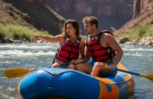 Mastering Rafting Terms: A Guide to River Communication A fit couple in their late 20s on a whitewater raft, with the woman pointing downriver to explain a river feature.