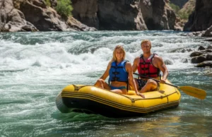 Mastering the River Eddy: From Flow Dynamics to Safe Havens An attractive couple in their late 20s in a whitewater raft, resting in a calm river eddy next to a powerful rapid on a sunny day.