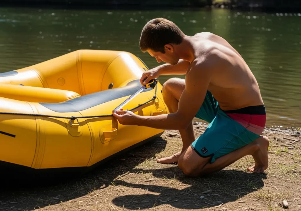 A full-body shot of a fit man in boardshorts kneeling and using a tape measure to find the interior width of his raft on a sunny day.