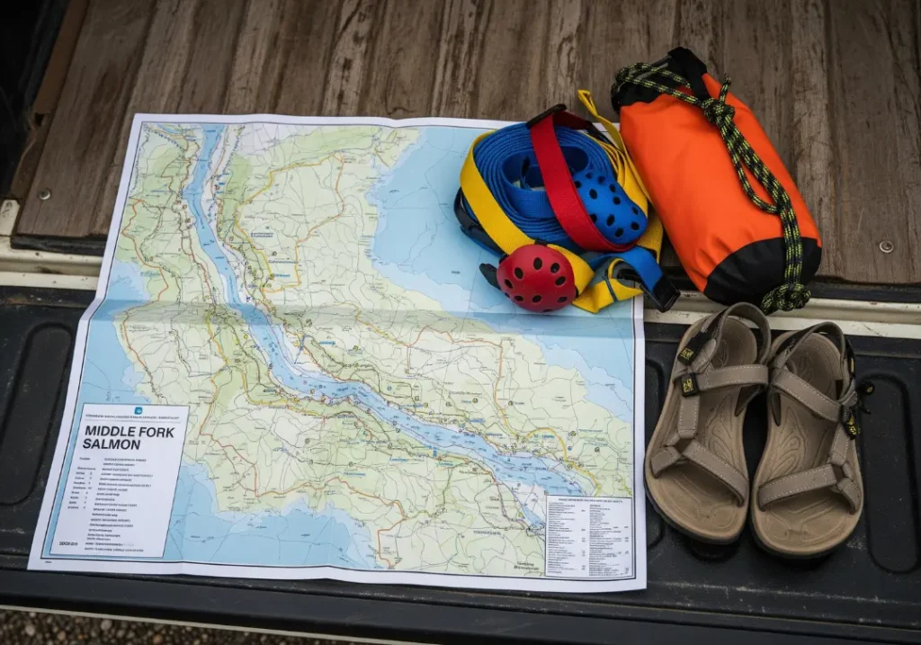 A close-up of a Middle Fork Salmon river map and rafting gear like cam straps laid out on a truck tailgate, representing the planning process.