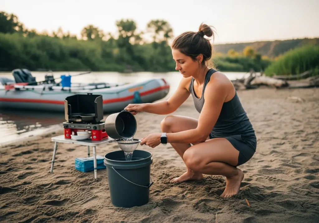 A full-body shot of a fit young woman practicing Leave No Trace by straining dishwater at her riverside campsite on the Middle Fork Salmon.