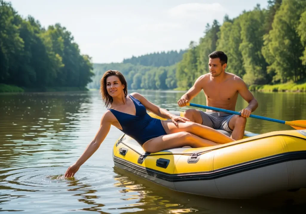 A full-body shot of an attractive young couple in swimwear relaxing on a raft on a calm, sunny summer day on the Middle Fork Salmon River.