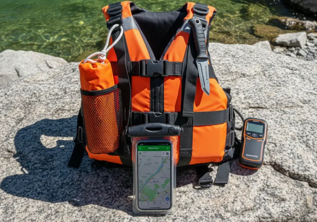 A flat lay of modern rafting safety gear, including a PFD, satellite messenger, and smartphone with a GPS map, arranged on a rock by the river.