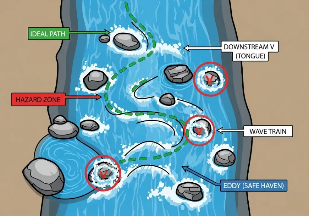 A top-down diagram of a river rapid illustrating the ideal safe path, which follows the downstream V and wave train, while highlighting hazard zones like holes and upstream V's. Features like eddies are also labeled