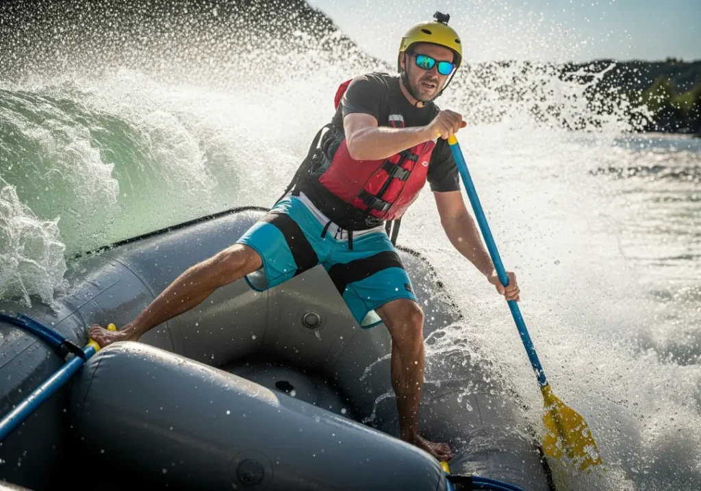 A male river guide in his late 20s skillfully steers a raft through a challenging whitewater rapid, demonstrating safe navigation techniques.