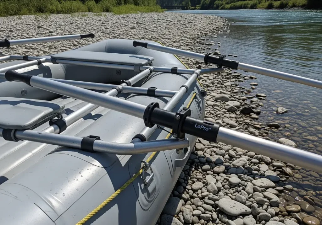 A detailed medium shot of a silver aluminum oar frame's components, including side rails, crossbars, and oar towers, assembled on a raft.