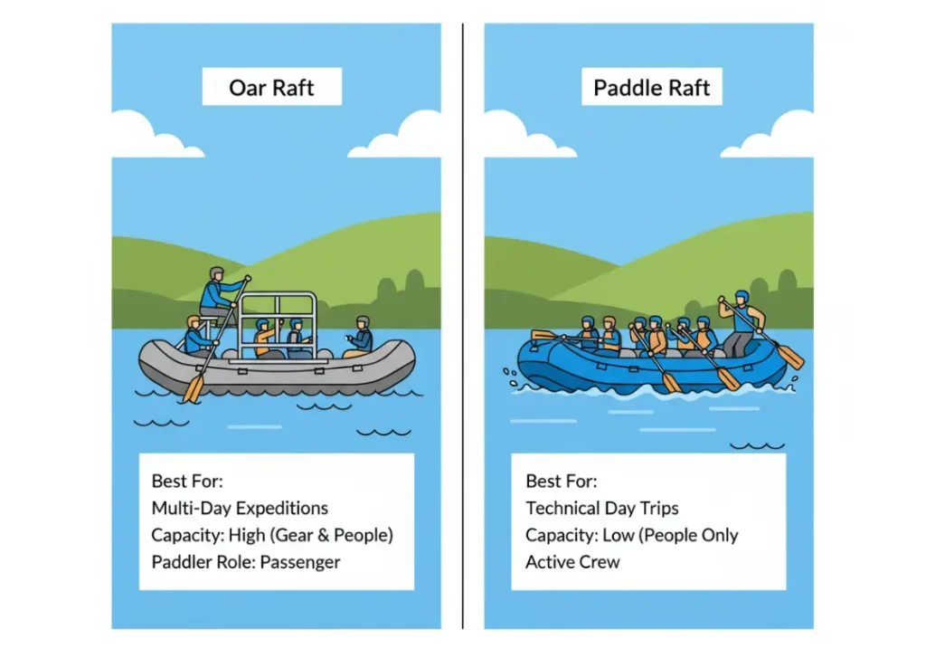 An infographic comparing an oar raft and a paddle raft. The oar raft shows a single guide rowing while passengers ride. The paddle raft shows a guide steering while a crew of paddlers provides power. Key differences in best use, capacity, and paddler role are listed.