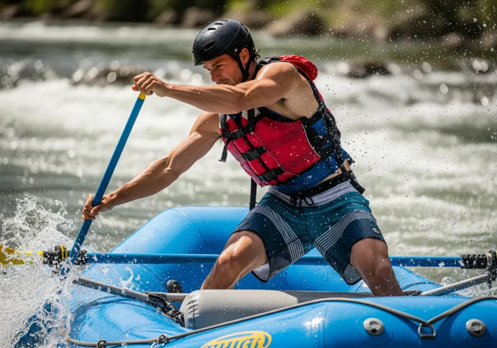 A fit man in his late 20s wearing boardshorts and a life jacket expertly executes a two-oar pivot turn in an oar rig on a sunny river.
