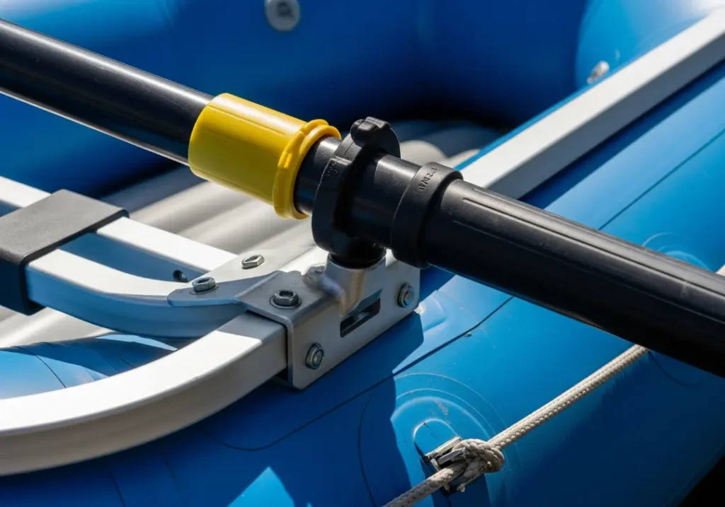 A detailed shot of an oar locked into an oarlock on a whitewater raft's frame, showing the mechanical pivot point.