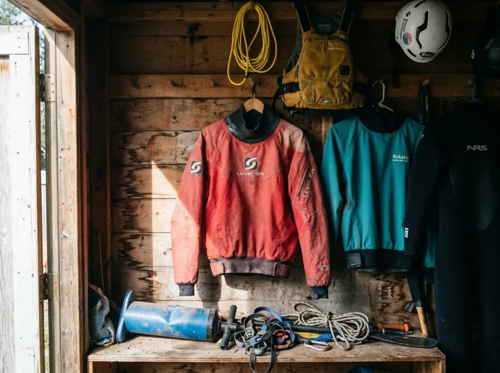 An old splash jacket hanging in a gear shed beside newer rafting layers