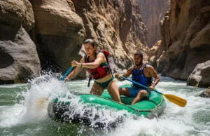 The Omo River Rafting Guide: Logistics, Permits & Grade IV A full-body shot of an athletic man and woman in their late 20s paddling a raft through rapids in the Omo River canyon, Ethiopia.