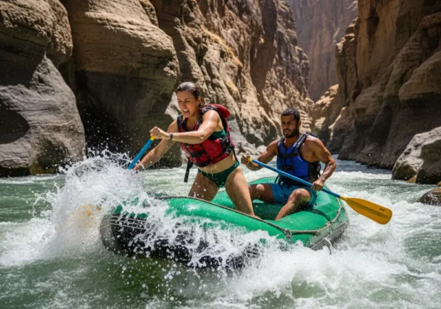 omo-river-rafting-couple-whitewater A full-body shot of an athletic man and woman in their late 20s paddling a raft through rapids in the Omo River canyon, Ethiopia.