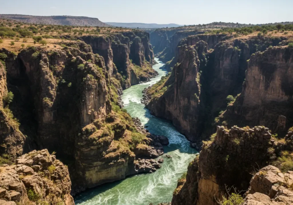 A panoramic smartphone photo of the Omo River flowing through a deep, rugged canyon in Ethiopia, representing its whitewater section.